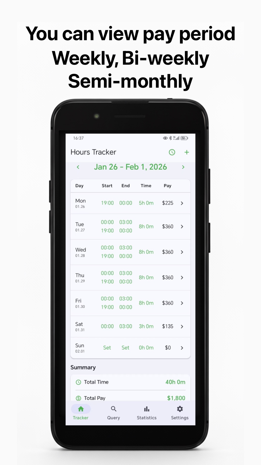 Work Log iPhone screen — Weekly pay period