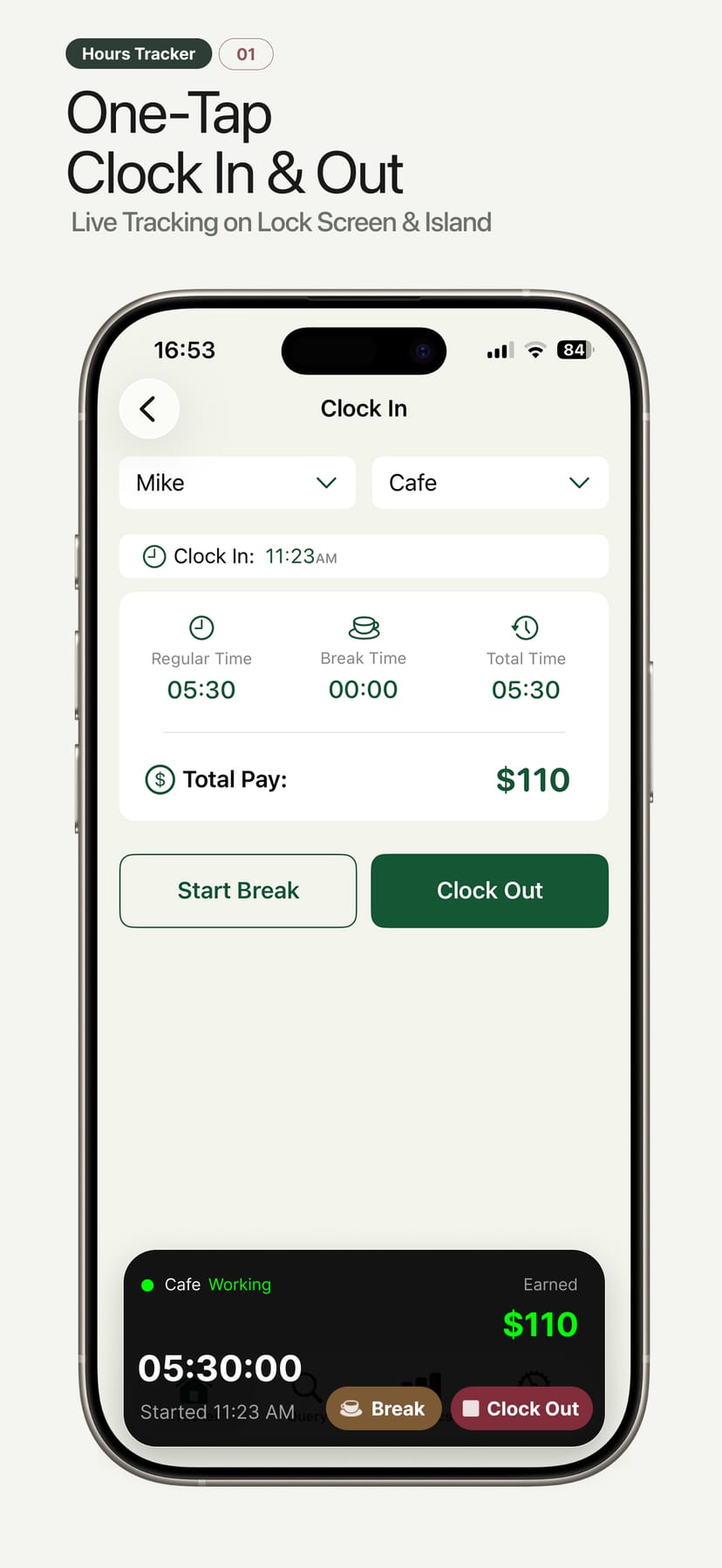 Hours Tracker app for iPhone — one-tap clock in and out with live tracking on the Lock Screen & Dynamic Island