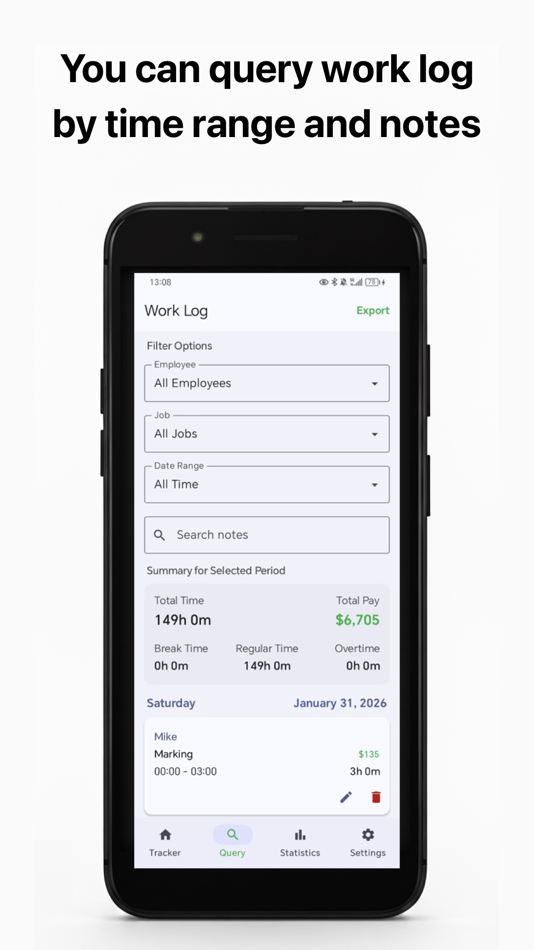 Work Log iPhone screen — History search